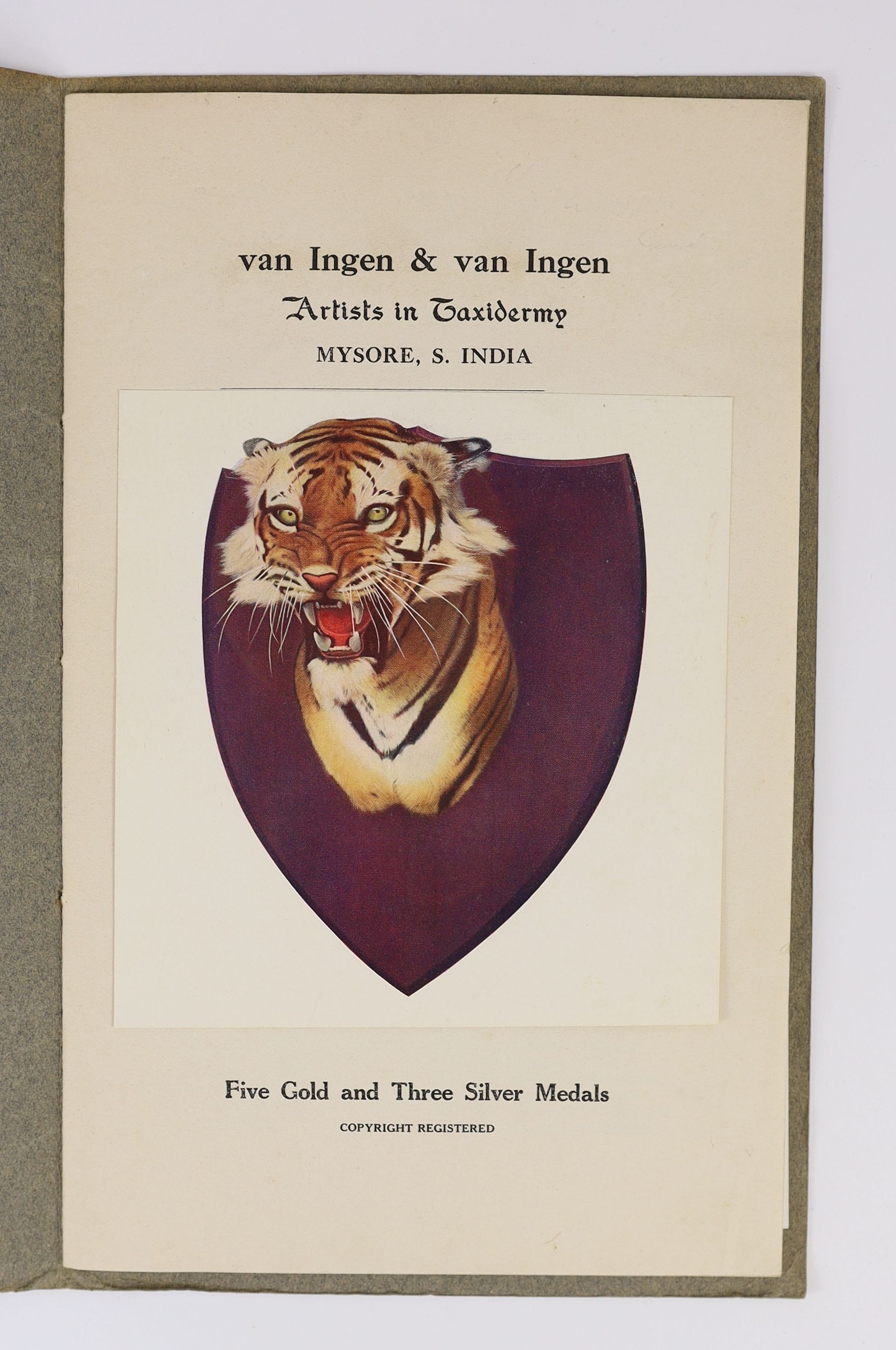 Van Ingen [Joubert] & van Ingen [Botha]. The Artistic Treatment of Shikar Trophies [By] van Ingen & van Ingen Artists in Taxidermy Mysore, S. India. Printed at the Wesleyan Mission Press, Mysore City, 1931. Original colo